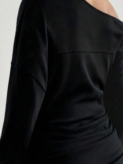 Women's Grey Asymmetrical Neck Long Sleeve Maternity Pullover - Loose Fit Pleated Fall Sweatshirt - Soft Knitted Maternity Top