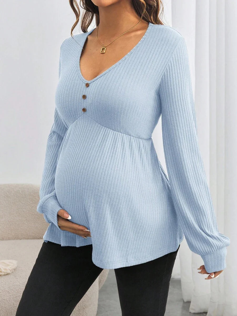 Maternity V-Neck Button Down Long Sleeve T-Shirt - Loose Fit Knitted Flared Hem Casual Top