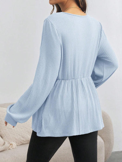 Maternity V-Neck Button Down Long Sleeve T-Shirt - Loose Fit Knitted Flared Hem Casual Top