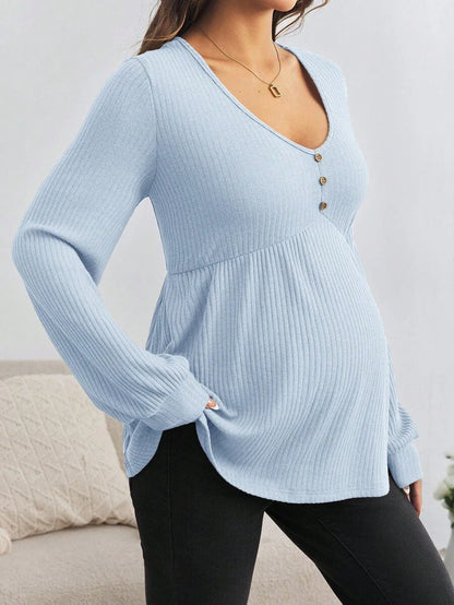 Maternity V-Neck Button Down Long Sleeve T-Shirt - Loose Fit Knitted Flared Hem Casual Top