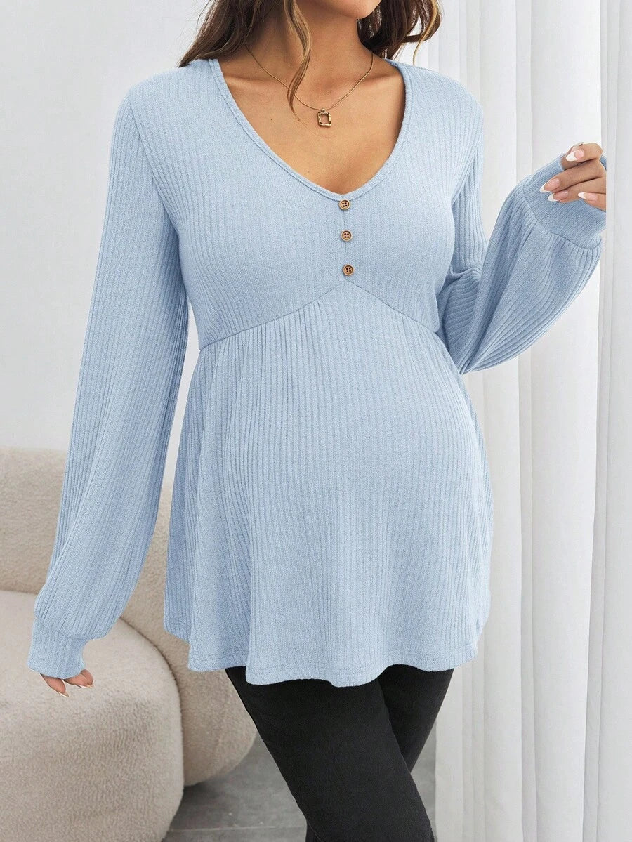 Maternity V-Neck Button Down Long Sleeve T-Shirt - Loose Fit Knitted Flared Hem Casual Top