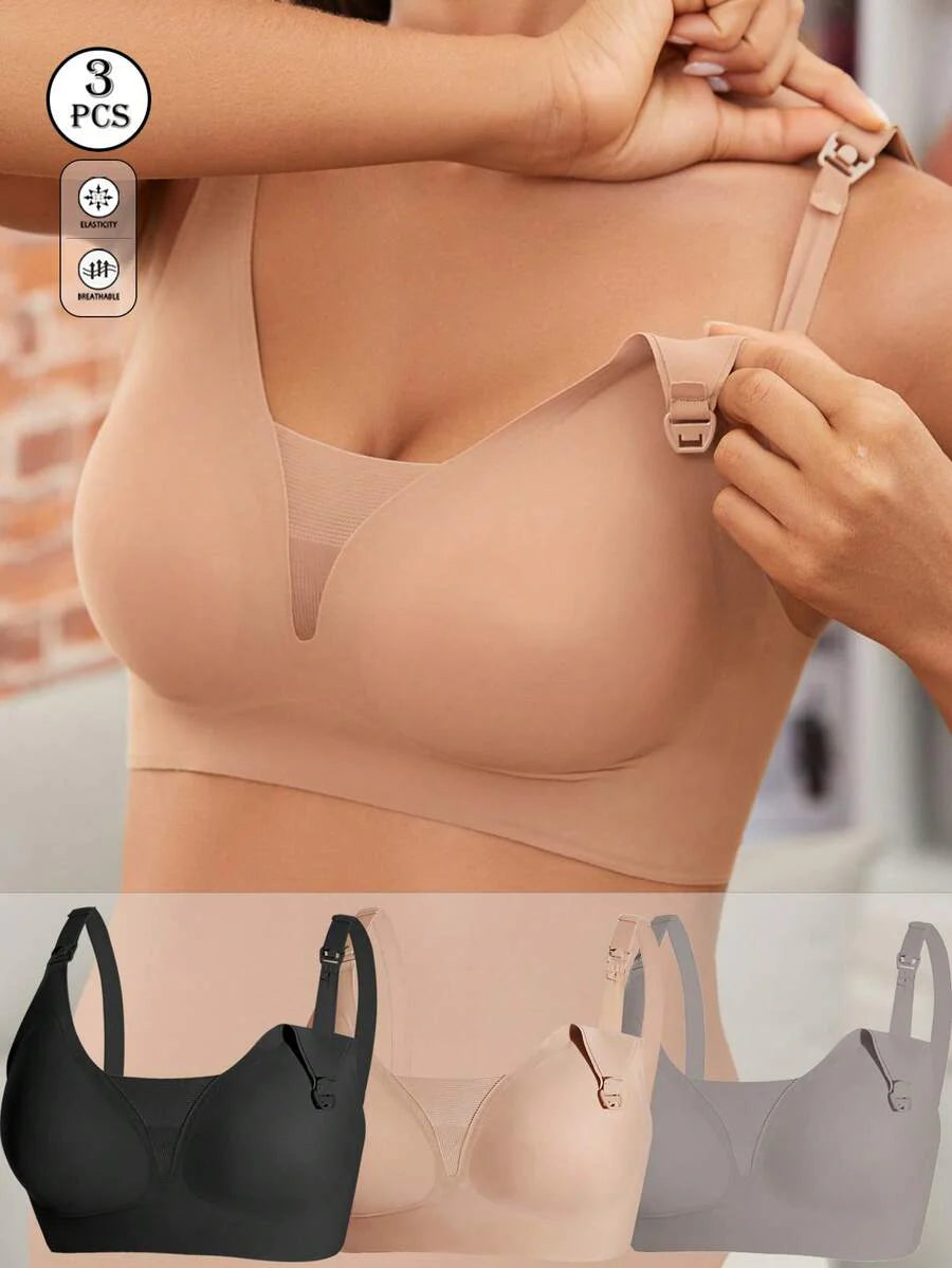 Maternity Nursing Bra Set 3 Pack - Seamless Front Clasp Deep V Neck Breastfeeding, All Season