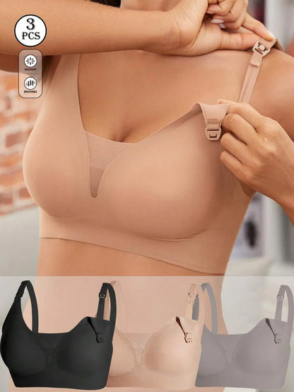 Maternity Nursing Bra Set 3 Pack - Seamless Front Clasp Deep V Neck Breastfeeding, All Season
