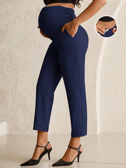 Maternity Tailored Office Pants - Adjustable Waist, Belly Support, Cropped, Black