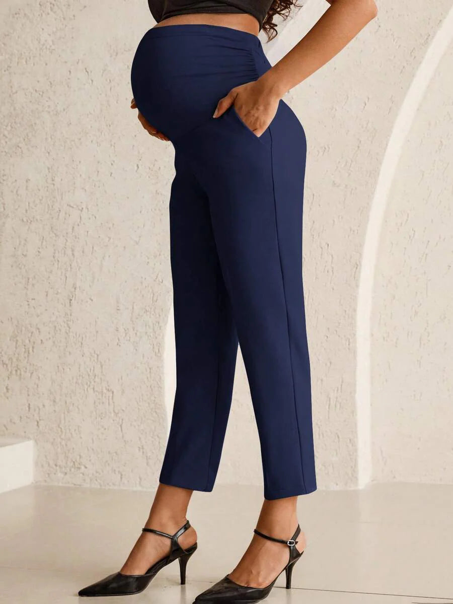 Maternity Tailored Office Pants - Adjustable Waist, Belly Support, Cropped, Black