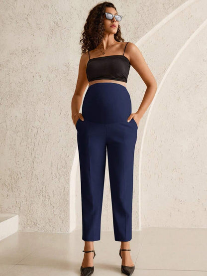 Maternity Tailored Office Pants - Adjustable Waist, Belly Support, Cropped, Black