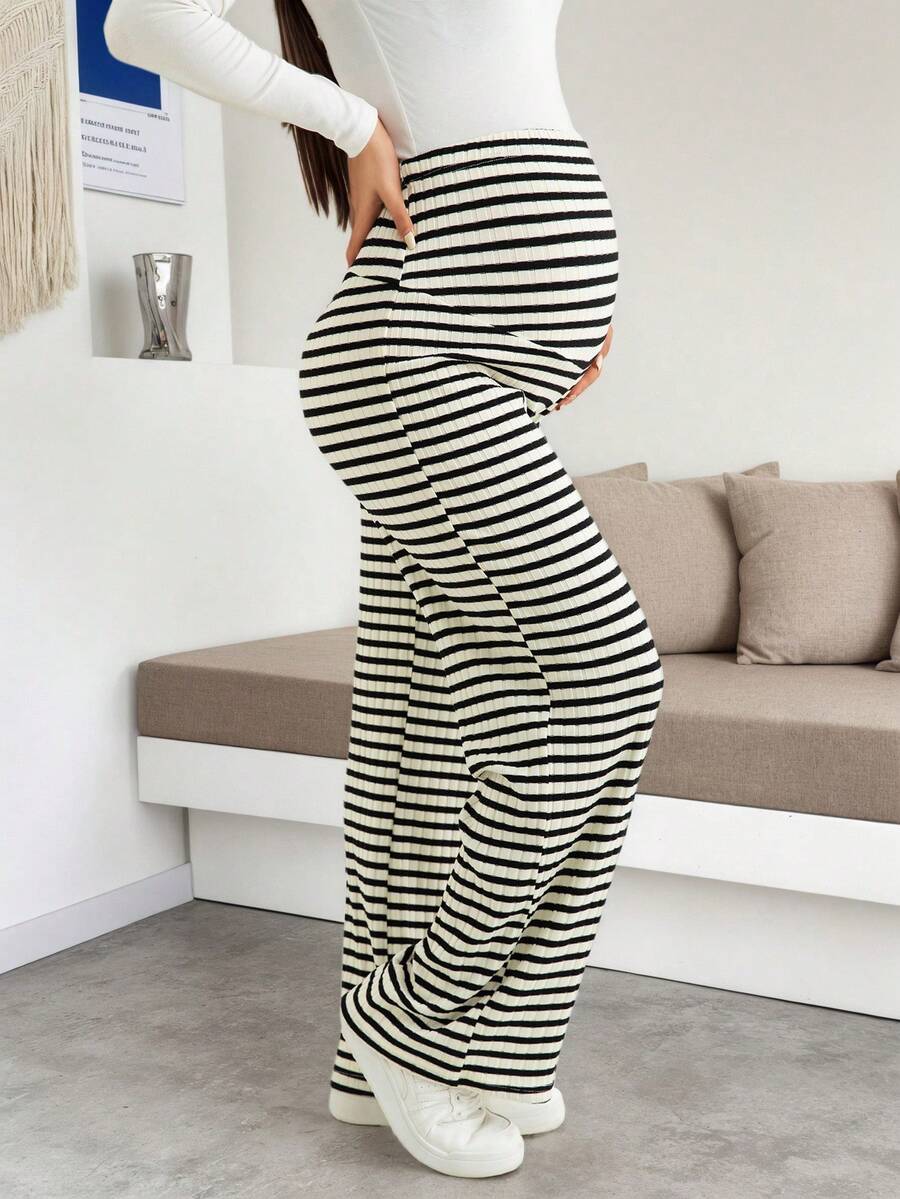 Maternity Wide Leg Pants - High Waist Striped Belly Support, Brown
