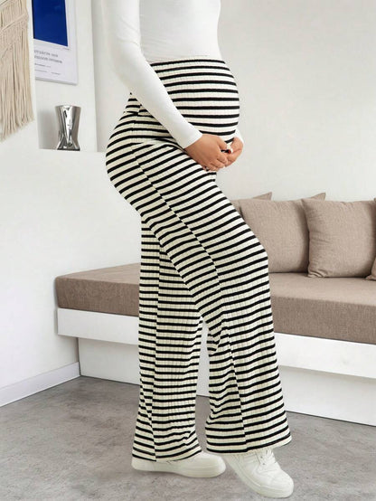 Maternity Plus Size High Waist Striped Wide Leg Pants - Black & Gray Knit Belly Support Lounge Trousers