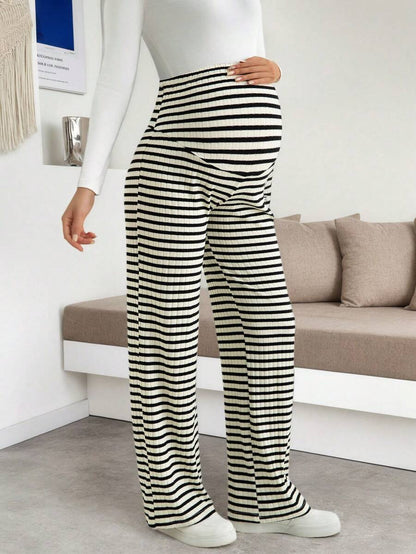 Maternity Wide Leg Pants - High Waist Striped Belly Support, Brown