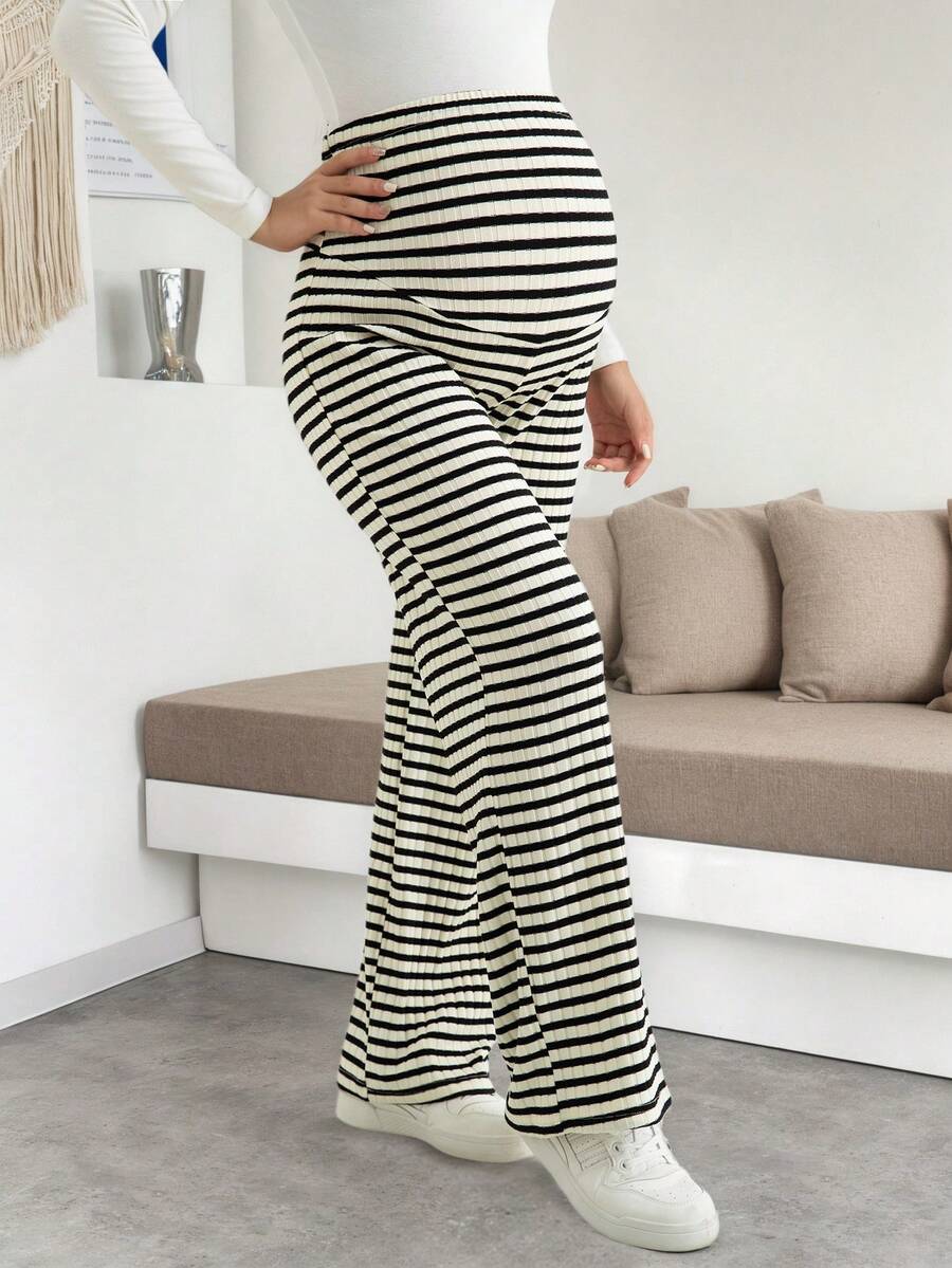 Maternity Plus Size High Waist Striped Wide Leg Pants - Black & Gray Knit Belly Support Lounge Trousers