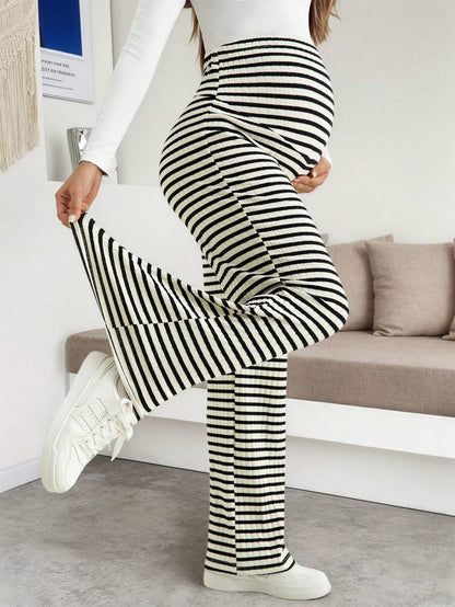 Maternity Wide Leg Pants - High Waist Striped Belly Support, Brown