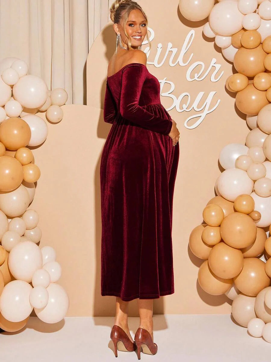 Maternity Off Shoulder Fishtail Baby Shower Long Sleeve Dress Slim Fit Solid Wine Gown Pregnancy Photoshoot Fall Winter