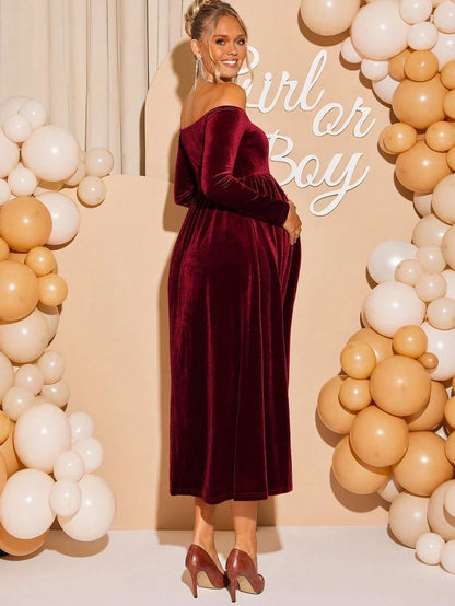 Maternity Off Shoulder Fishtail Baby Shower Long Sleeve Dress Slim Fit Solid Wine Gown Pregnancy Photoshoot Fall Winter