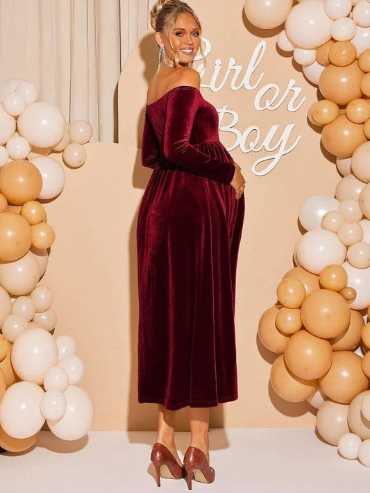 Maternity Off Shoulder Fishtail Baby Shower Long Sleeve Dress Slim Fit Solid Wine Gown Pregnancy Photoshoot Fall Winter