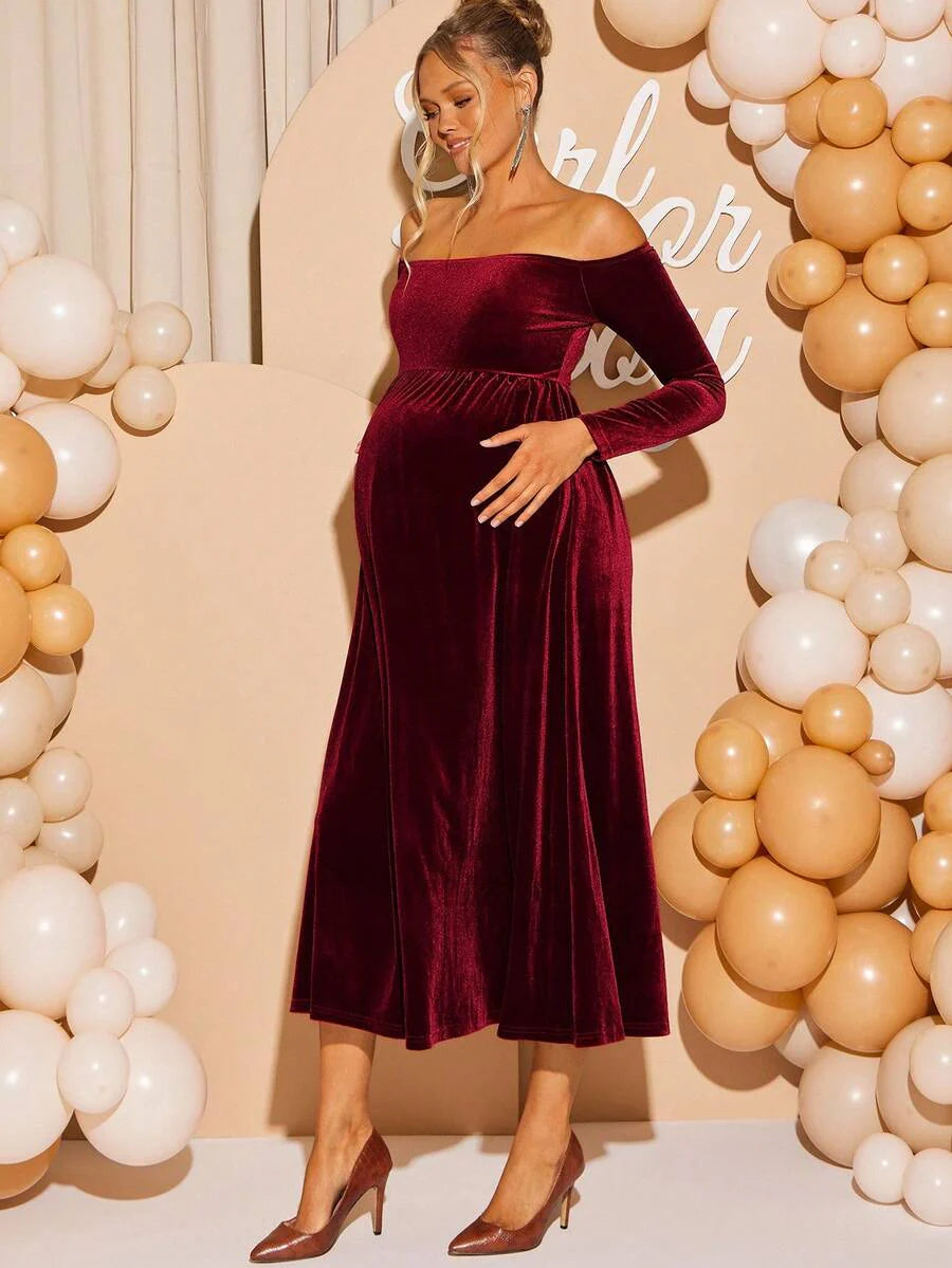 Maternity Off Shoulder Fishtail Baby Shower Long Sleeve Dress Slim Fit Solid Wine Gown Pregnancy Photoshoot Fall Winter