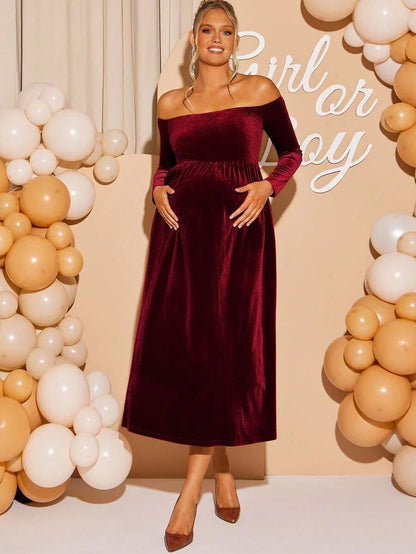Maternity Off Shoulder Fishtail Baby Shower Long Sleeve Dress Slim Fit Solid Wine Gown Pregnancy Photoshoot Fall Winter