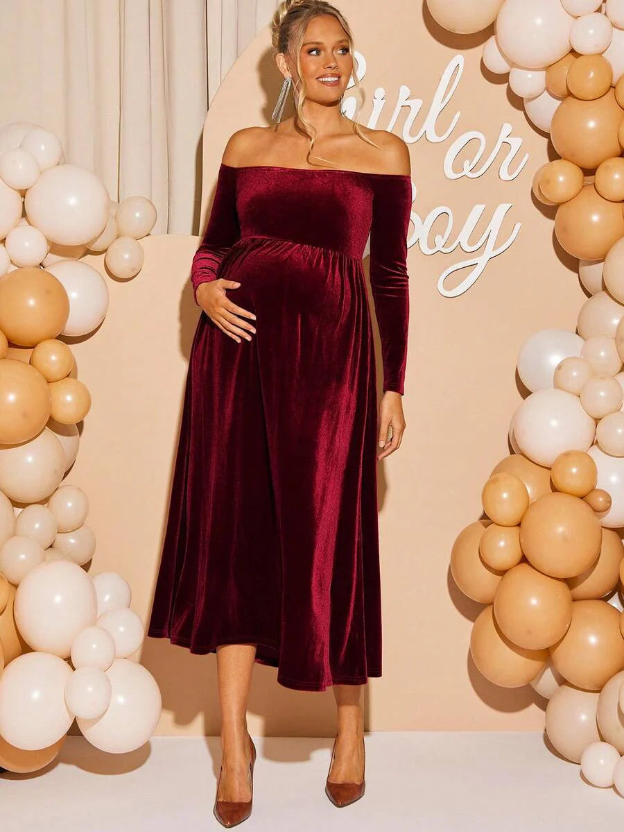 Maternity Off Shoulder Fishtail Baby Shower Long Sleeve Dress Slim Fit Solid Wine Gown Pregnancy Photoshoot Fall Winter