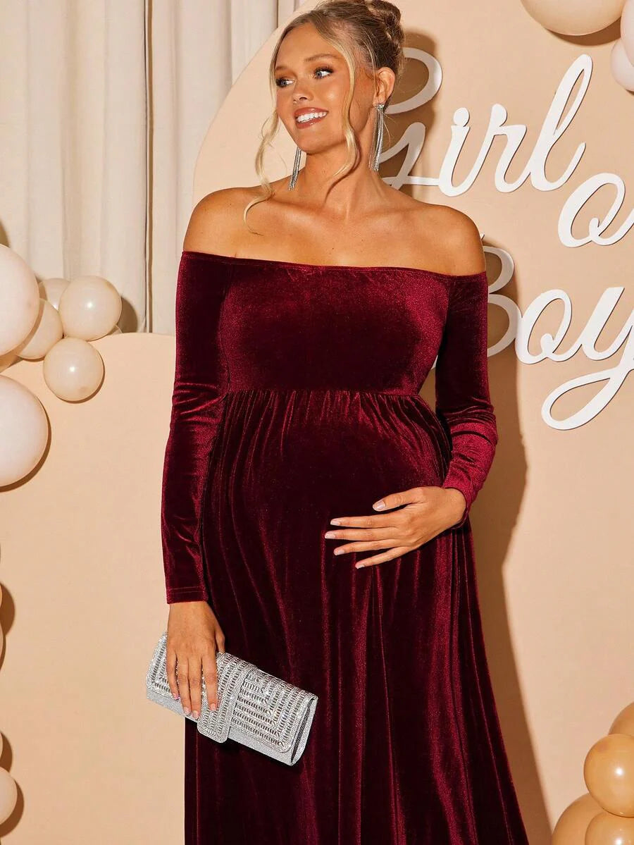 Maternity Off Shoulder Fishtail Baby Shower Long Sleeve Dress Slim Fit Solid Wine Gown Pregnancy Photoshoot Fall Winter