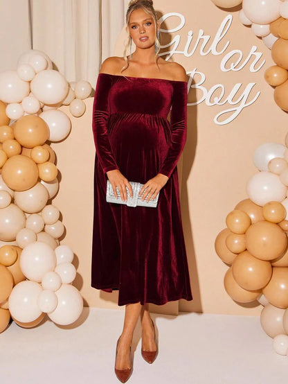 Maternity Off Shoulder Fishtail Baby Shower Long Sleeve Dress Slim Fit Solid Wine Gown Pregnancy Photoshoot Fall Winter