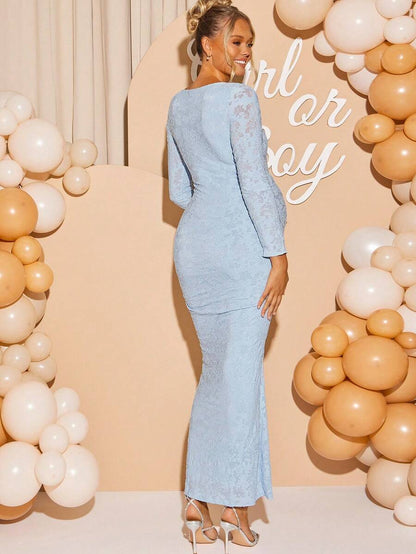 Maternity Boat Neck Jacquard Long Sleeve Fitted Dress - Elegant Powder Blue Baby Shower & Gender Reveal Gown for Pregnancy Photoshoot