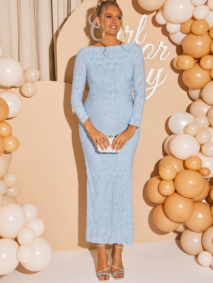 Maternity Boat Neck Jacquard Long Sleeve Fitted Dress - Elegant Powder Blue Baby Shower & Gender Reveal Gown for Pregnancy Photoshoot