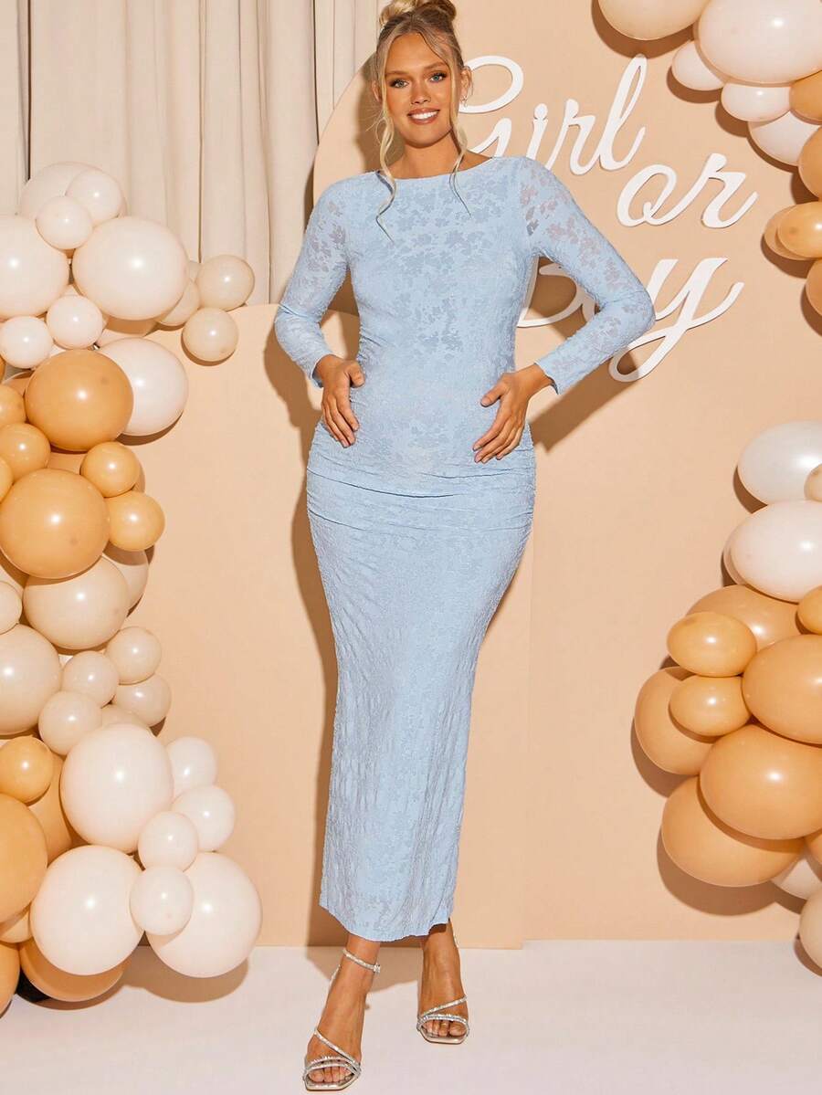 Maternity Boat Neck Jacquard Long Sleeve Fitted Dress - Elegant Powder Blue Baby Shower & Gender Reveal Gown for Pregnancy Photoshoot