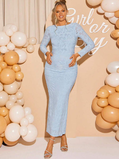 Maternity Boat Neck Jacquard Long Sleeve Fitted Dress - Elegant Powder Blue Baby Shower & Gender Reveal Gown for Pregnancy Photoshoot