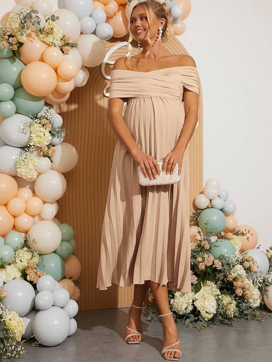 Maternity Off Shoulder Pleated Short Sleeve Dress Solid Color Slim Fit Elegant Pregnancy Gown for Baby Shower Gender Reveal Party Summer
