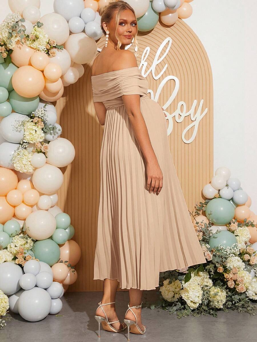 Maternity Off Shoulder Pleated Short Sleeve Dress Solid Color Slim Fit Elegant Pregnancy Gown for Baby Shower Gender Reveal Party Summer