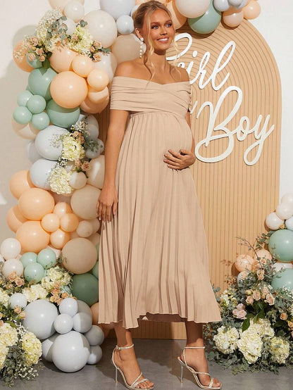 Maternity Off Shoulder Pleated Short Sleeve Dress Solid Color Slim Fit Elegant Pregnancy Gown for Baby Shower Gender Reveal Party Summer
