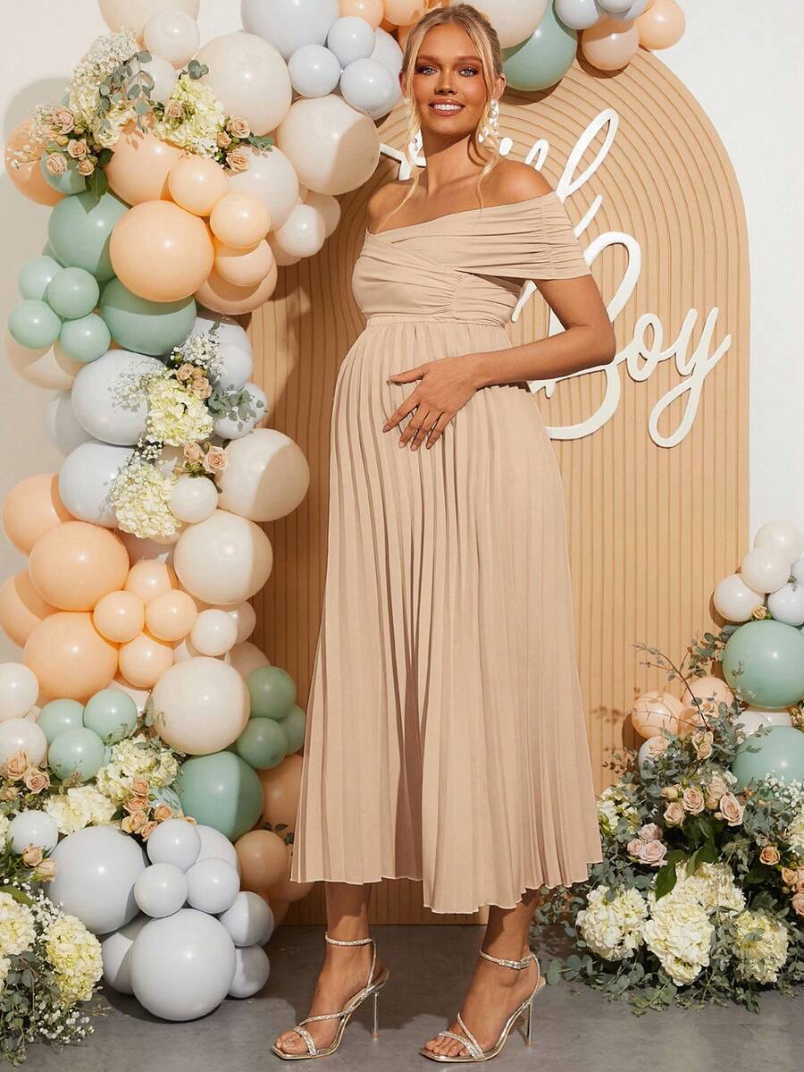 Maternity Off Shoulder Pleated Short Sleeve Dress Solid Color Slim Fit Elegant Pregnancy Gown for Baby Shower Gender Reveal Party Summer
