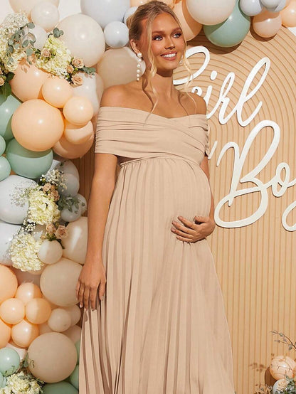 Maternity Off Shoulder Pleated Short Sleeve Dress Solid Color Slim Fit Elegant Pregnancy Gown for Baby Shower Gender Reveal Party Summer