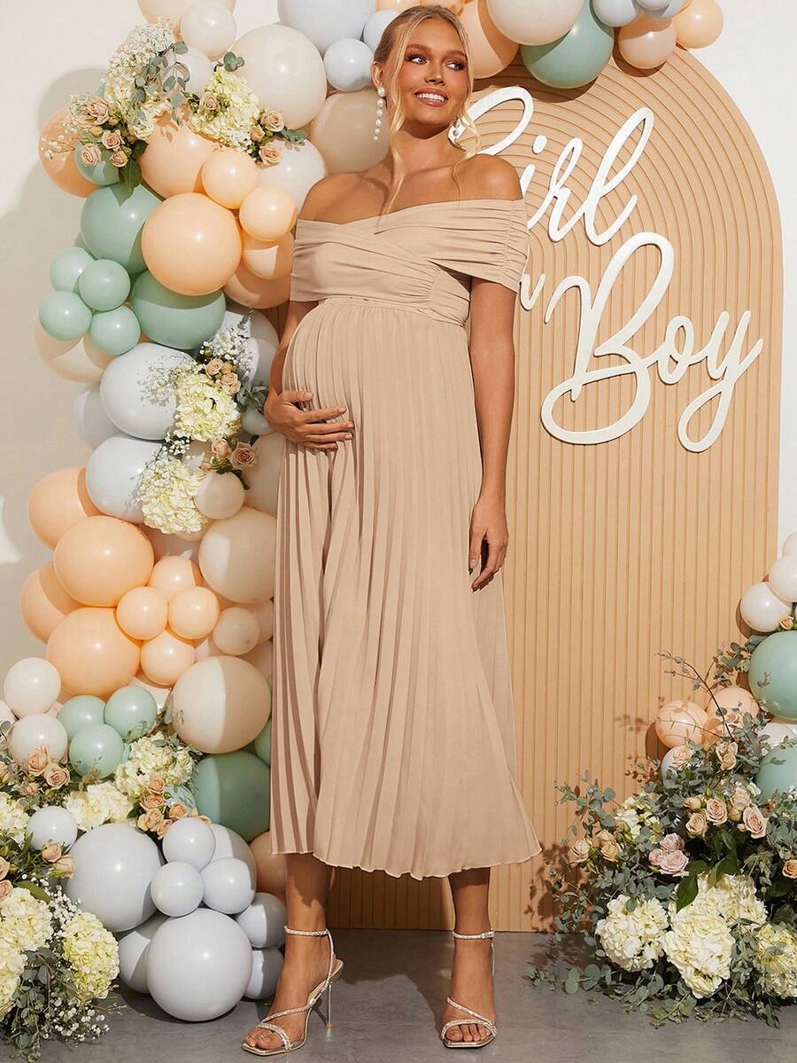 Maternity Off Shoulder Pleated Short Sleeve Dress Solid Color Slim Fit Elegant Pregnancy Gown for Baby Shower Gender Reveal Party Summer