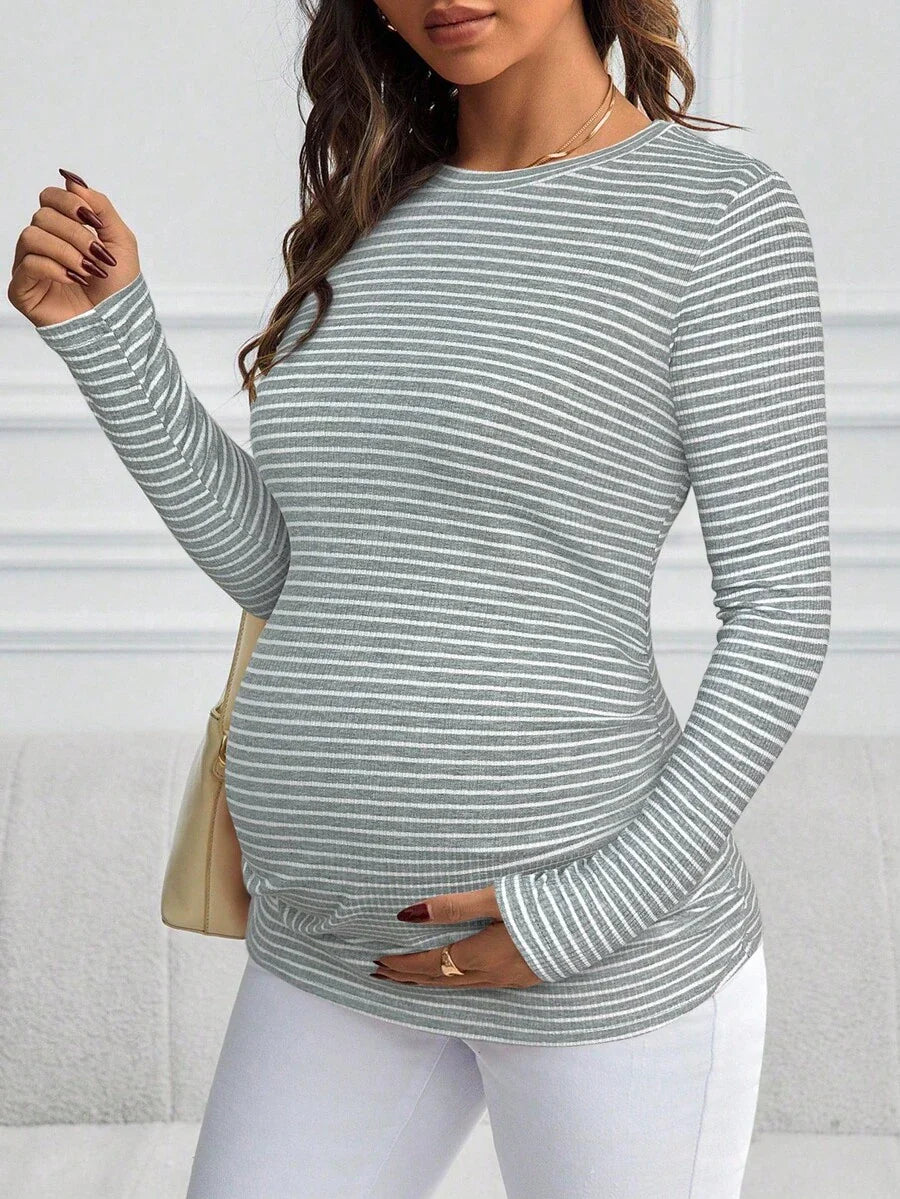 Maternity Striped Long Sleeve Slim Fit T-Shirt - Autumn Round Neck Rib-Knit Casual Top for Daily Wear