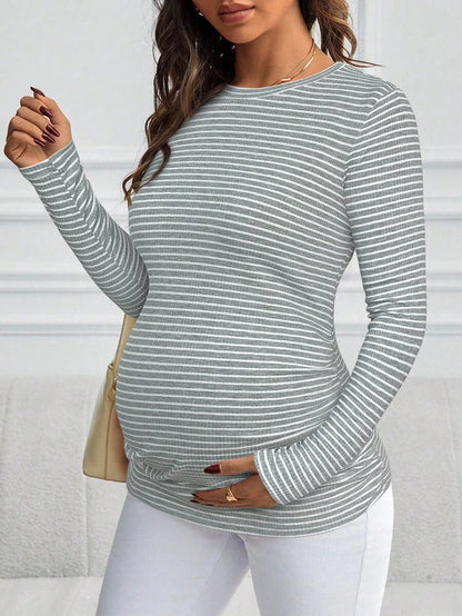 Maternity Striped Long Sleeve Slim Fit T-Shirt - Autumn Round Neck Rib-Knit Casual Top for Daily Wear