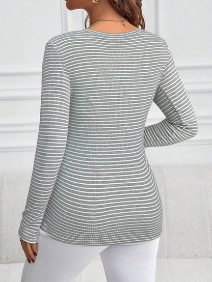 Maternity Striped Long Sleeve Slim Fit T-Shirt - Autumn Round Neck Rib-Knit Casual Top for Daily Wear