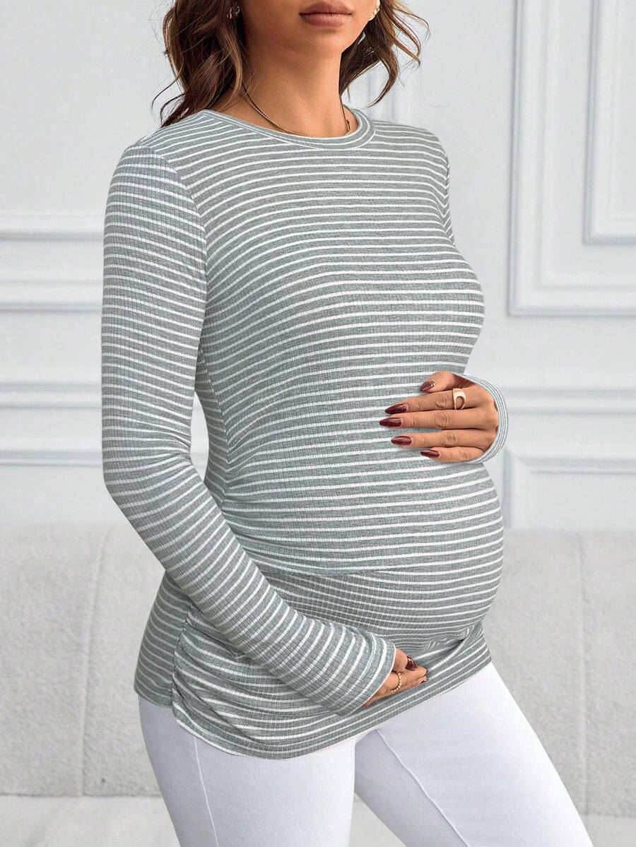 Maternity Striped Long Sleeve Slim Fit T-Shirt - Autumn Round Neck Rib-Knit Casual Top for Daily Wear