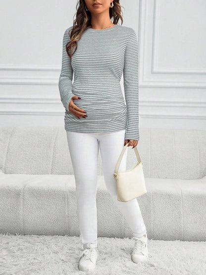 Maternity Striped Long Sleeve Slim Fit T-Shirt - Autumn Round Neck Rib-Knit Casual Top for Daily Wear