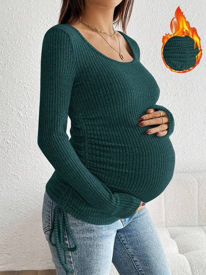 Maternity Drawstring Nursing Top - Square Neck, Long Sleeve, Slim Fit, High Stretch, White
