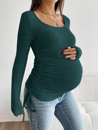 Maternity Drawstring Nursing Top - Square Neck, Long Sleeve, Slim Fit, High Stretch, White