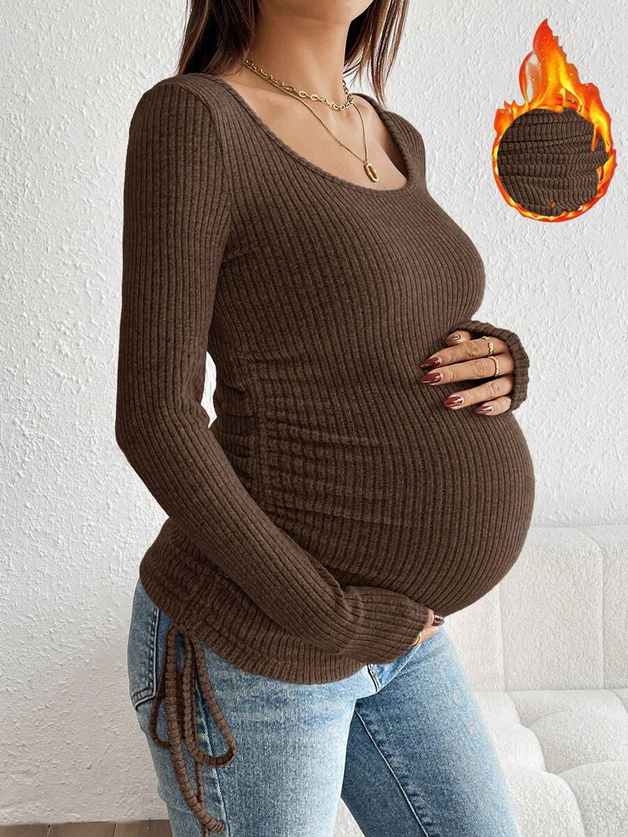 Maternity Drawstring Nursing Top - Square Neck, Long Sleeve, Slim Fit, High Stretch, White