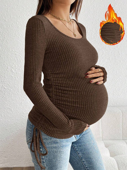 Maternity Drawstring Nursing Top - Square Neck, Long Sleeve, Slim Fit, High Stretch, White