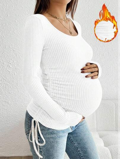 Maternity Drawstring Nursing Top - Square Neck, Long Sleeve, Slim Fit, High Stretch, White