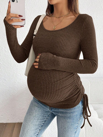 Maternity Drawstring Nursing Top - Square Neck, Long Sleeve, Slim Fit, High Stretch, White