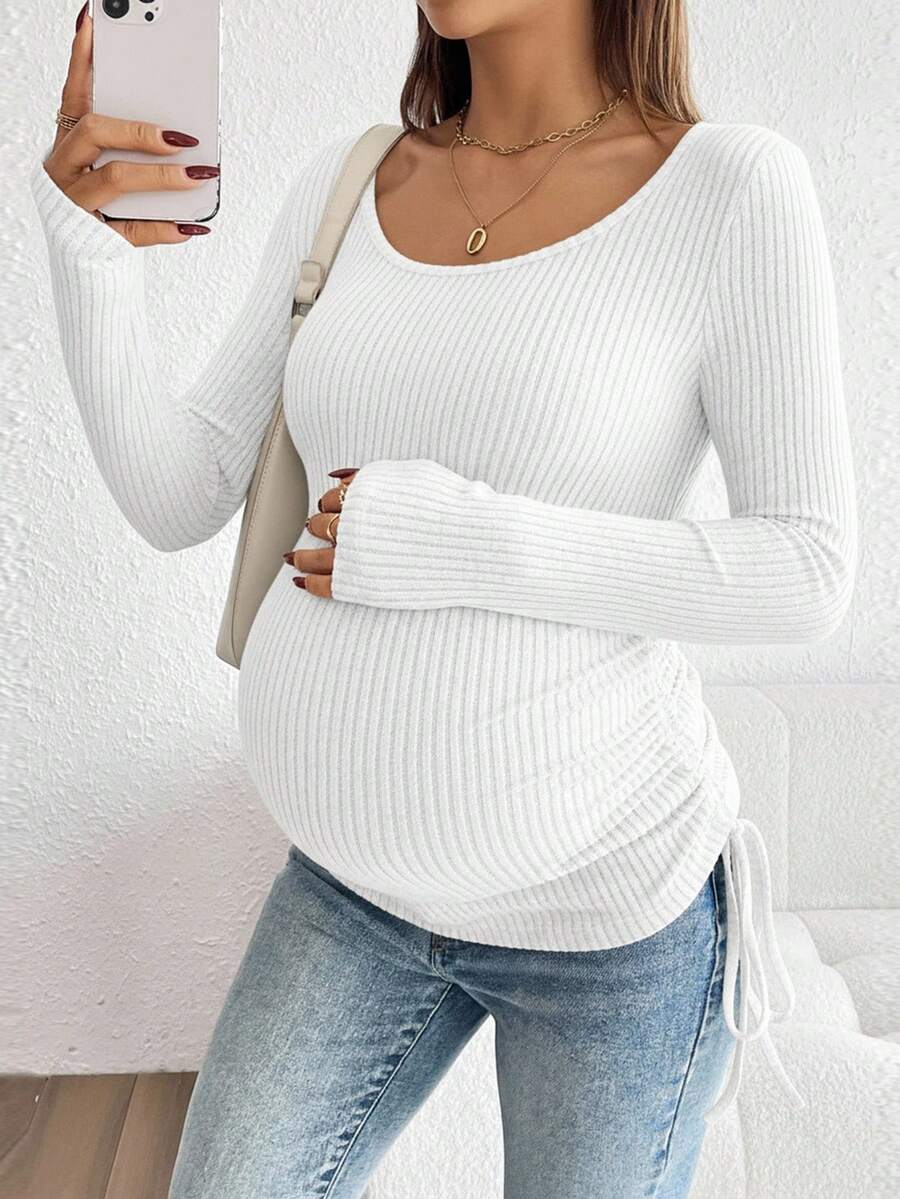 Maternity Drawstring Nursing Top - Square Neck, Long Sleeve, Slim Fit, High Stretch, White