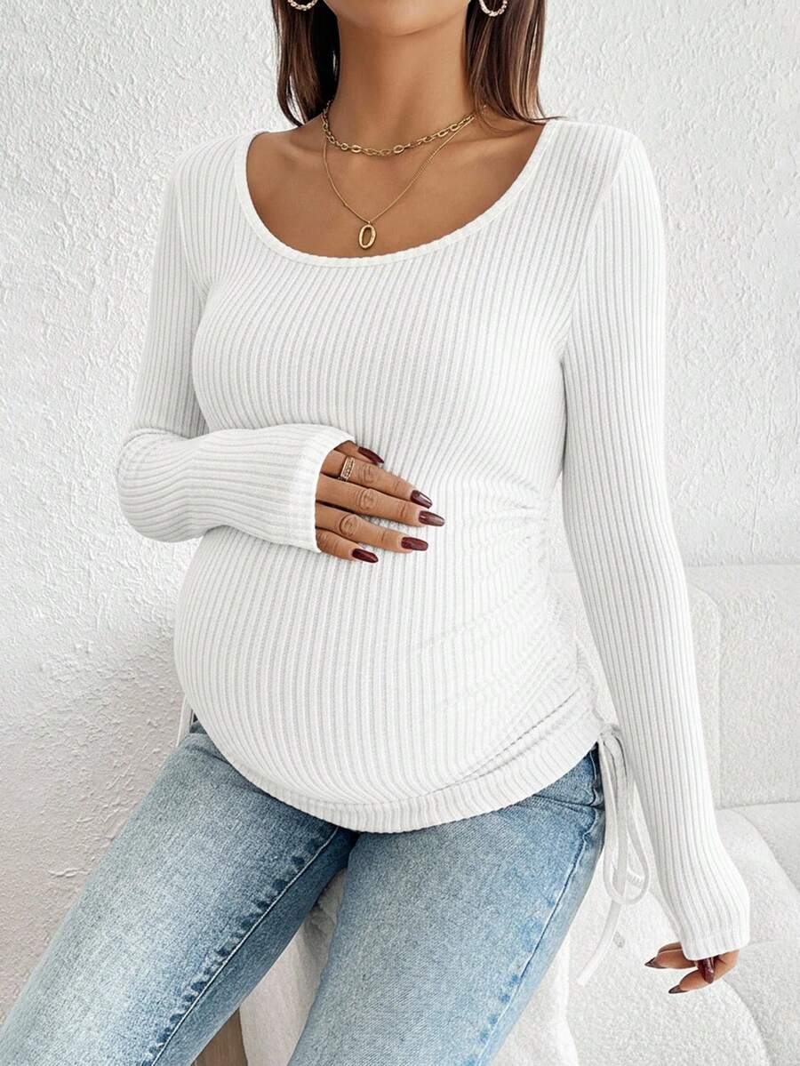 Maternity Drawstring Nursing Top - Square Neck, Long Sleeve, Slim Fit, High Stretch, White