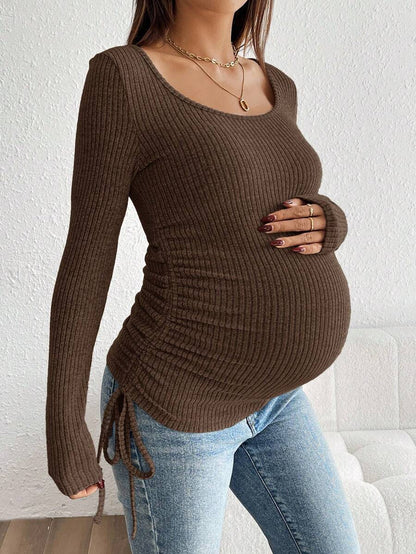 Maternity Drawstring Nursing Top - Square Neck, Long Sleeve, Slim Fit, High Stretch, White