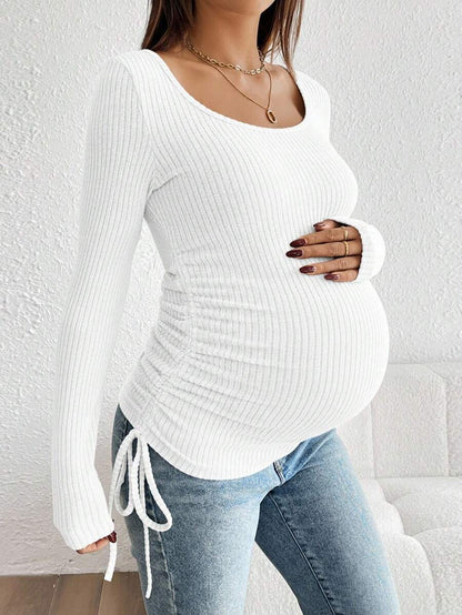 Maternity Drawstring Nursing Top - Square Neck, Long Sleeve, Slim Fit, High Stretch, White