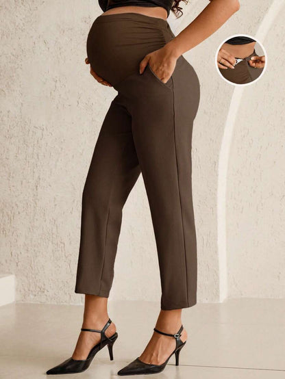 Maternity Tailored Office Pants - Adjustable Waist, Belly Support, Cropped, Black