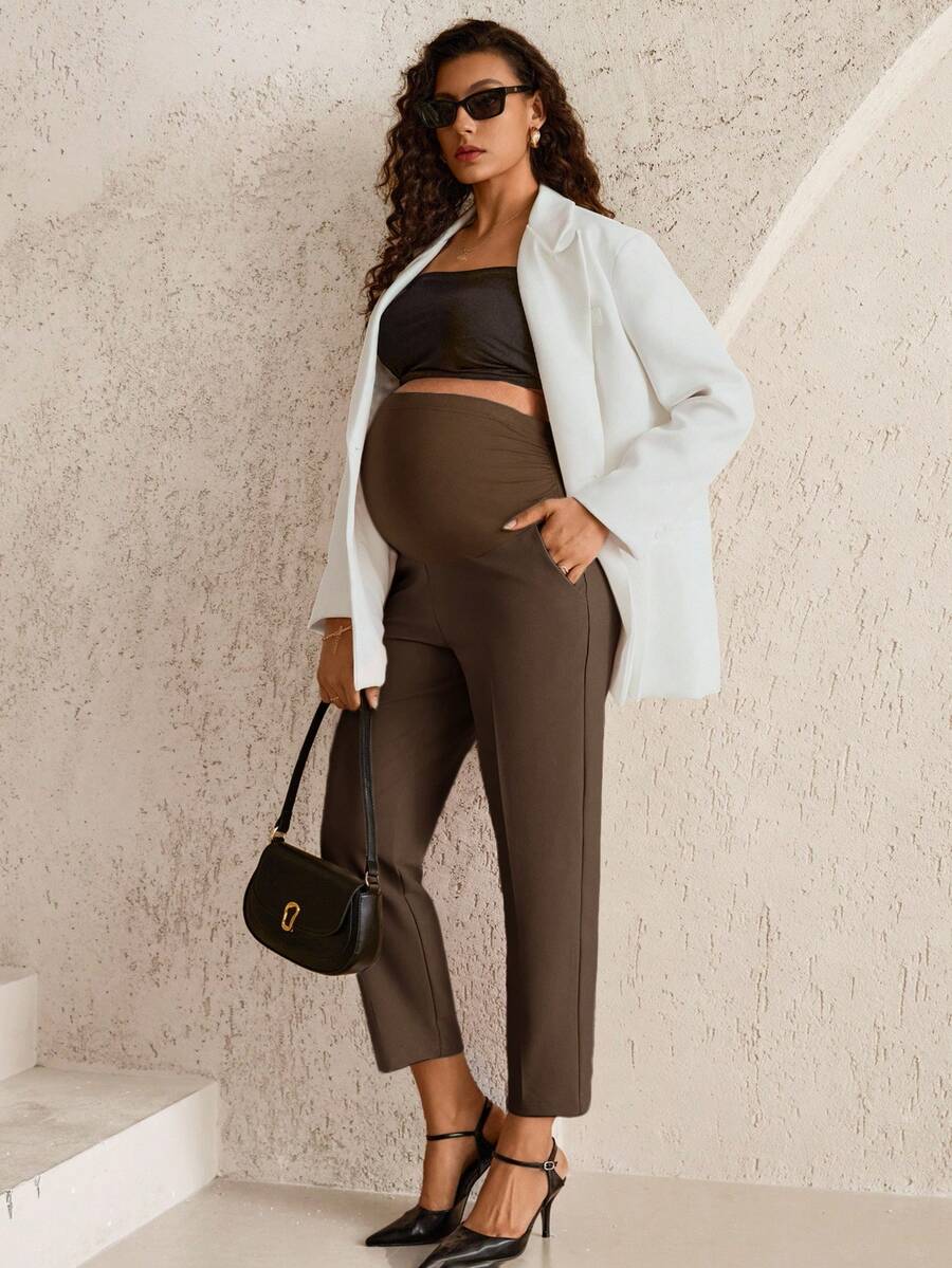 Maternity Tailored Office Pants - Adjustable Waist, Belly Support, Cropped, Black